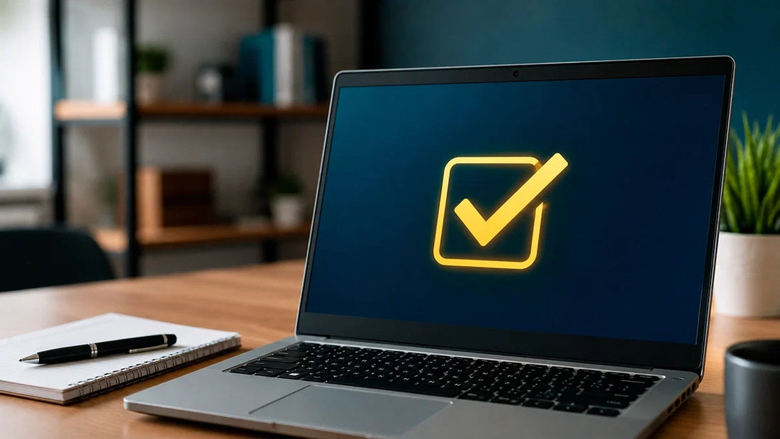Computador reacondicionado con símbolo de aprobación en pantalla, listo para evaluar antes de comprar