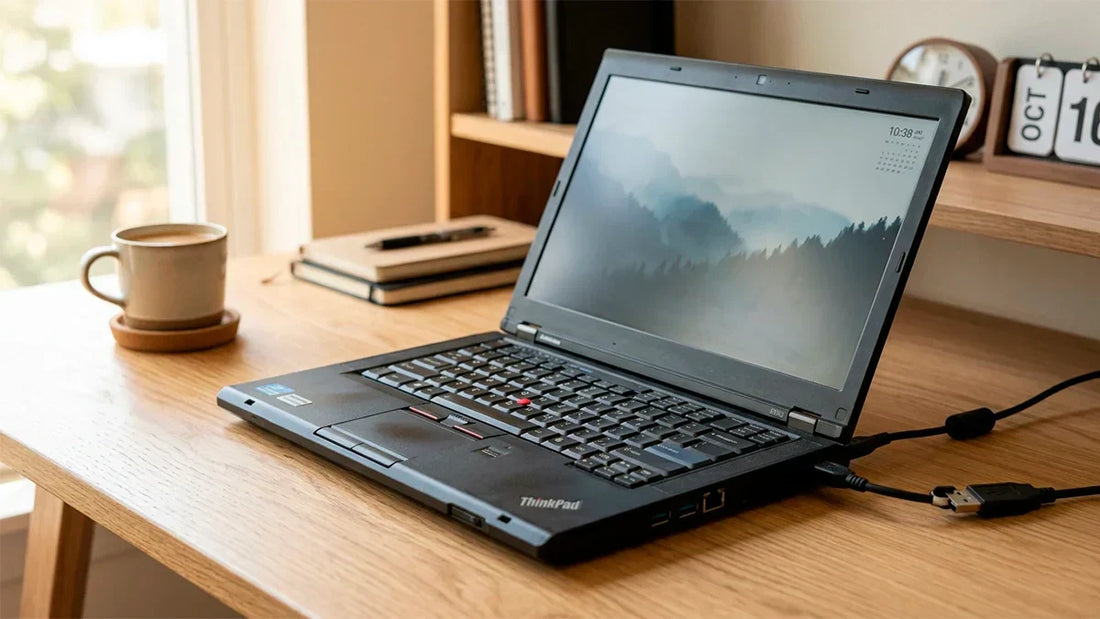 Portátil reacondicionado ThinkPad sobre escritorio con reloj y calendario representando vida útil