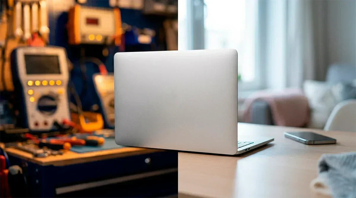Comparativa entre computador reacondicionado certificado y computador de segunda mano sobre fondo navy corporativo