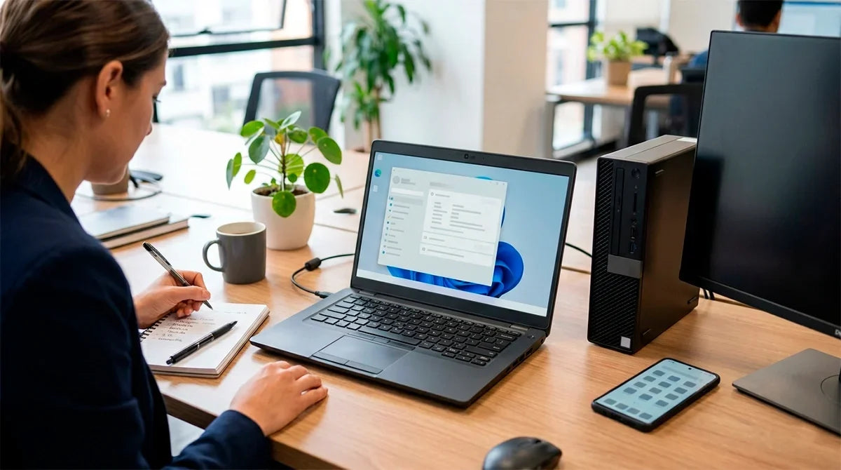 Mujer revisando computador de escritorio y portátil reacondicionados antes de comprar