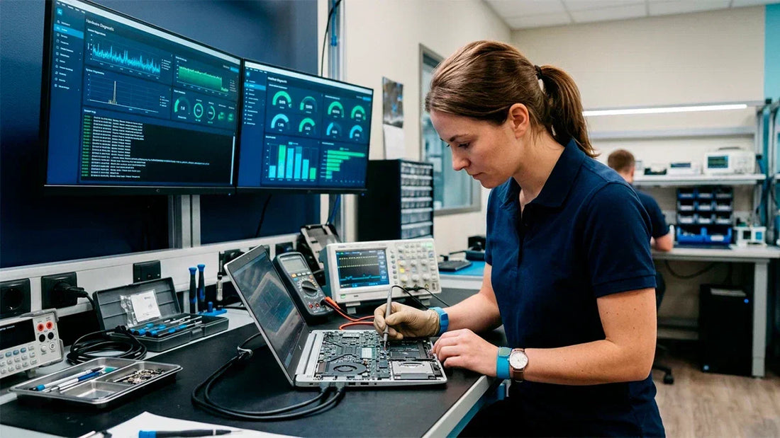 Técnico de RenoPC realizando el diagnóstico de hardware de un computador reacondicionado en banco de pruebas