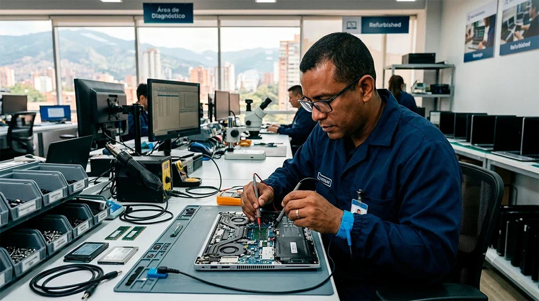 Técnico realizando pruebas y reparaciones durante el proceso profesional de reacondicionamiento de un computador portátil.