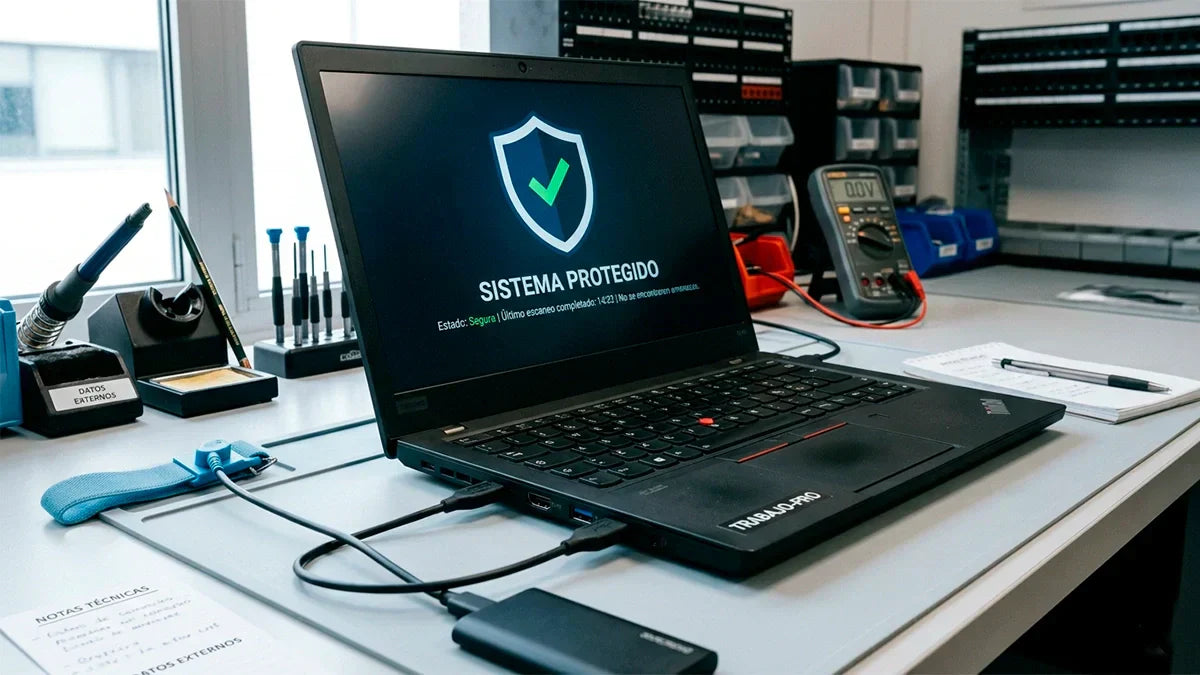 Computador reacondicionado seguro con verificación técnica completa en banco de trabajo de RenoPC